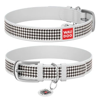 Ошейник WAUDOG Design с рисунком "Шанель", премиум кожа, металлическая пряжка (ширина 25 мм, длина 38-49 см), белый