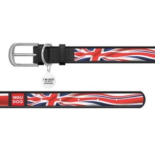 Ошейник WAUDOG Design с рисунком "Юнион Джек", премиум кожа, металлическая пряжка (ширина 15 мм, длина 27-36 см), черный