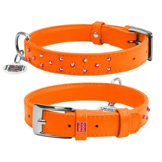 Ошейник для собак кожаный WAUDOG Glamour с QR паспортом, с клеевыми стразами, Ш 25 мм, Дл 38-49 см, оранжевый