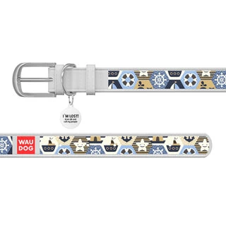 Ошейник WAUDOG Design с рисунком "Капитан", премиум кожа, металлическая пряжка (ширина 15 мм, длина 27-36 см), белый