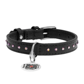 Ошейник для собак кожаный WAUDOG Glamour с QR паспортом, с клеевыми стразами, Ш 12 мм, Дл 21-29 см, черный