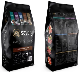 Сухой корм для собак крупных пород Savory со свежим мясом индейки и ягненка 12 кг