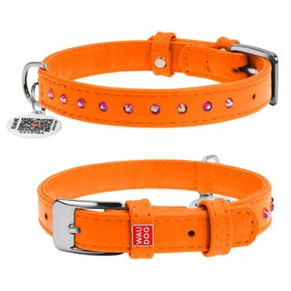 Нашийник для собак шкіряний WAUDOG Glamour з QR паспортом, з клейовими стразами, Ш 15 мм, Дл 27-36 см, оранжевий
