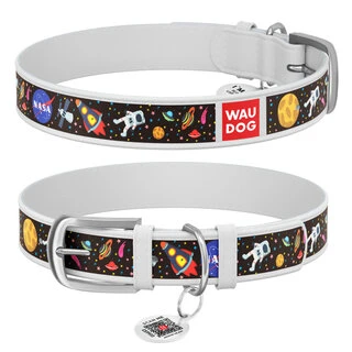 Ошейник для собак кожаный WAUDOG Design с QR паспортом, рисунок &quot;NASA&quot;, Ш 12 мм, Дл 21-29 см, белый