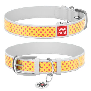 Нашийник WAUDOG Design з малюнком &quot;Жовта полька&quot;, преміум шкіра, металевий пряжка (ширина 15 мм, довжина 27-36 см), білий
