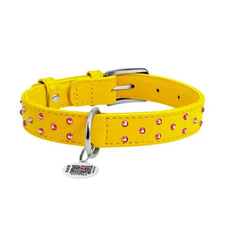 Нашийник для собак шкіряний WAUDOG Glamour з QR паспортом, з клейовими стразами, Ш 25 мм, Дл 38-49 см, жовтий