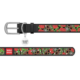 Нашийник WAUDOG Design з малюнком "Черепи та троянди", преміум шкіра, металевий пряжка (ширина 12 мм, довжина 19-25 см), чорний