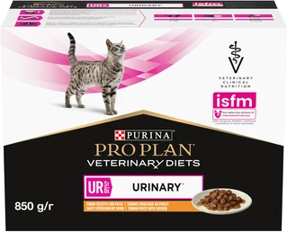 Упаковка вологого дієтичного корму для дорослих котів Pro Plan Veterinary Diets UR ST/OX Urinary для розчинення та зниження утворення струвітних каменів, з куркою 10x85 г