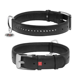 Ошейник для собак кожаный WAUDOG Glamour с QR паспортом, двойной со стразами, Ш 35 мм, Дл 46-60 см, черный