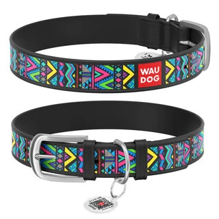 Ошейник WAUDOG Design с рисунком &quot;Инди&quot;, премиум кожа, металлическая пряжка (ширина 35 мм, длина 46-60 см), черный