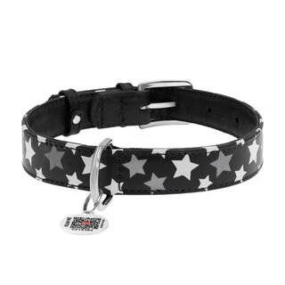 Ошейник для собак кожаный WAUDOG Glamour с QR паспортом, узор "Звёздочка", светящийся/светоотражающий, Ш 20 мм, Дл 30-39 см, черный