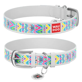 Нашийник WAUDOG Design з малюнком &quot;Інді&quot;, преміум шкіра, металевий пряжка (ширина 20 мм, довжина 30-39 см), білий