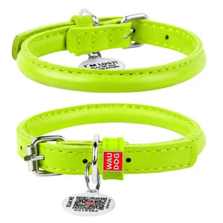 Ошейник для собак кожаный WAUDOG Glamour с QR паспортом, круглый, Д 8 мм, Дл 25-33 см, салатовый