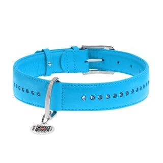 Нашийник для собак шкіряний WAUDOG Glamour з QR паспортом, подвійний зі стразами, Ш 35 мм, Дл 46-60 см, блакитний