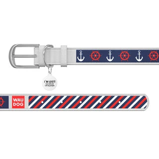 Ошейник WAUDOG Design с рисунком "Якоря 2", премиум кожа, металлическая пряжка (ширина 20 мм, длина 30-39 см), белый