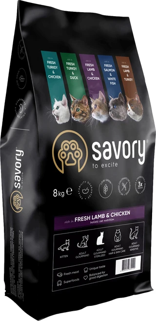 Сухий корм для кастрованих котів Savory зі свіжим м'ясом ягняти та курки 8 кг