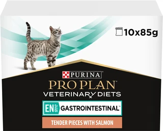 Упаковка вологого дієтичного корму для кошенят та дорослих котів Pro Plan Veterinary Diets EN Gastrointestinal для зменшення розладів кишкової абсорбції та годування в період відновлення, з лососем 10x85 г