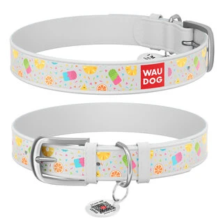 Ошейник WAUDOG Design с рисунком "Ананасы с мороженым", премиум кожа, металлическая пряжка (ширина 20 мм, длина 30-39 см), белый