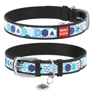 Ошейник WAUDOG Design с рисунком &quot;Морской&quot;, премиум кожа, металлическая пряжка (ширина 20 мм, длина 30-39 см), черный