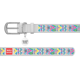 Ошейник WAUDOG Design с рисунком "Инди", премиум кожа, металлическая пряжка (ширина 20 мм, длина 30-39 см), белый