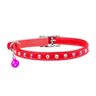 Ошейник "WAUDOG GLAMOUR" с резинкой, клей.стразами для кошек (ширина 9мм, длина 22-30см), красный