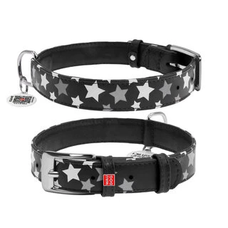Ошейник для собак кожаный WAUDOG Glamour с QR паспортом, узор "Звёздочка", светящийся/светоотражающий, Ш 20 мм, Дл 30-39 см, черный