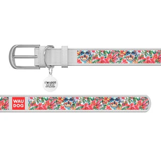 Нашийник WAUDOG Design з малюнком "Черепи в квітах", преміум шкіра, металевий пряжка (ширина 12 мм, довжина 21-29 см), білий