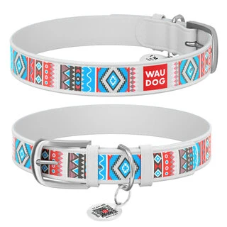 Ошейник для собак кожаный WAUDOG Design с QR паспортом, рисунок &quot;Этно&quot;, Ш 12 мм, Дл 19-25 см, белый