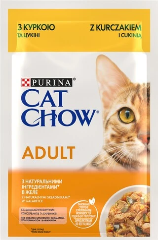 Упаковка вологого корму для дорослих котів Purina Cat Chow Adult з куркою та цукіні 85 г x 26 шт