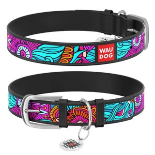 Нашийник для собак шкіряний WAUDOG Design з QR паспортом, малюнок "Літо", Ш 25 мм, Дл 38-49 см, чорний