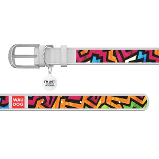 Ошейник WAUDOG Design с рисунком "Граффити", премиум кожа, металлическая пряжка (ширина 35 мм, длина 46-60 см), белый