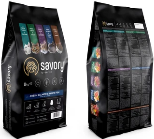 Сухий корм для довгошерстих котів Savory зі свіжим лососем та білою рибою 8 кг