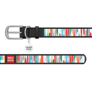 Ошейник WAUDOG Design с рисунком "Яркие полоски", премиум кожа, металлическая пряжка (ширина 12 мм, длина 21-29 см), черный