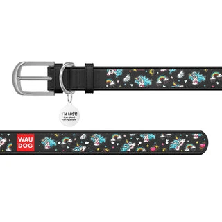 Нашийник WAUDOG Design з малюнком "Єдинороги", преміум шкіра, металевий пряжка (ширина 35 мм, довжина 46-60 см), чорний