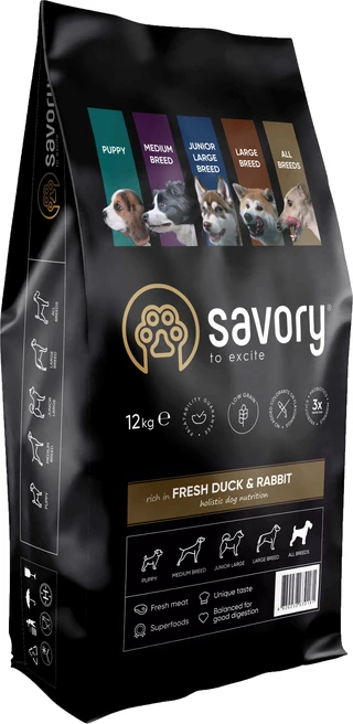 Сухий корм для собак усіх порід Savory зі свіжим м'ясом качки та кролика 12 кг