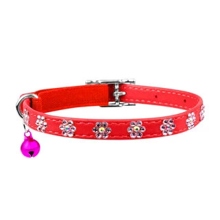 Ошейник "WAUDOG GLAMOUR" с резинкой, клей.стразами "Цветочек" для кошек (ширина 9мм, длина 22-30см), красный