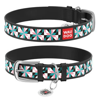 Ошейник WAUDOG Design с рисунком &quot;Снежные цветы&quot;, премиум кожа, металлическая пряжка (ширина 12 мм, длина 19-25 см), черный