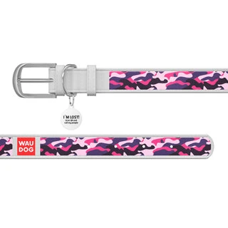Ошейник WAUDOG Design с рисунком "Розовый камо", премиум кожа, металлическая пряжка (ширина 25 мм, длина 38-49 см), белый