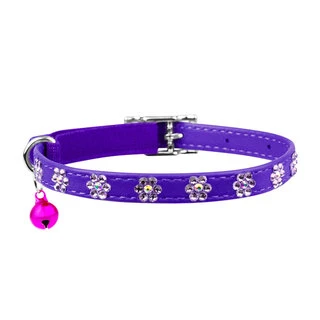 Ошейник "WAUDOG GLAMOUR" с резинкой, клей.стразами "Цветочек" для кошек (ширина 9мм, длина 22-30см), фиолетовый